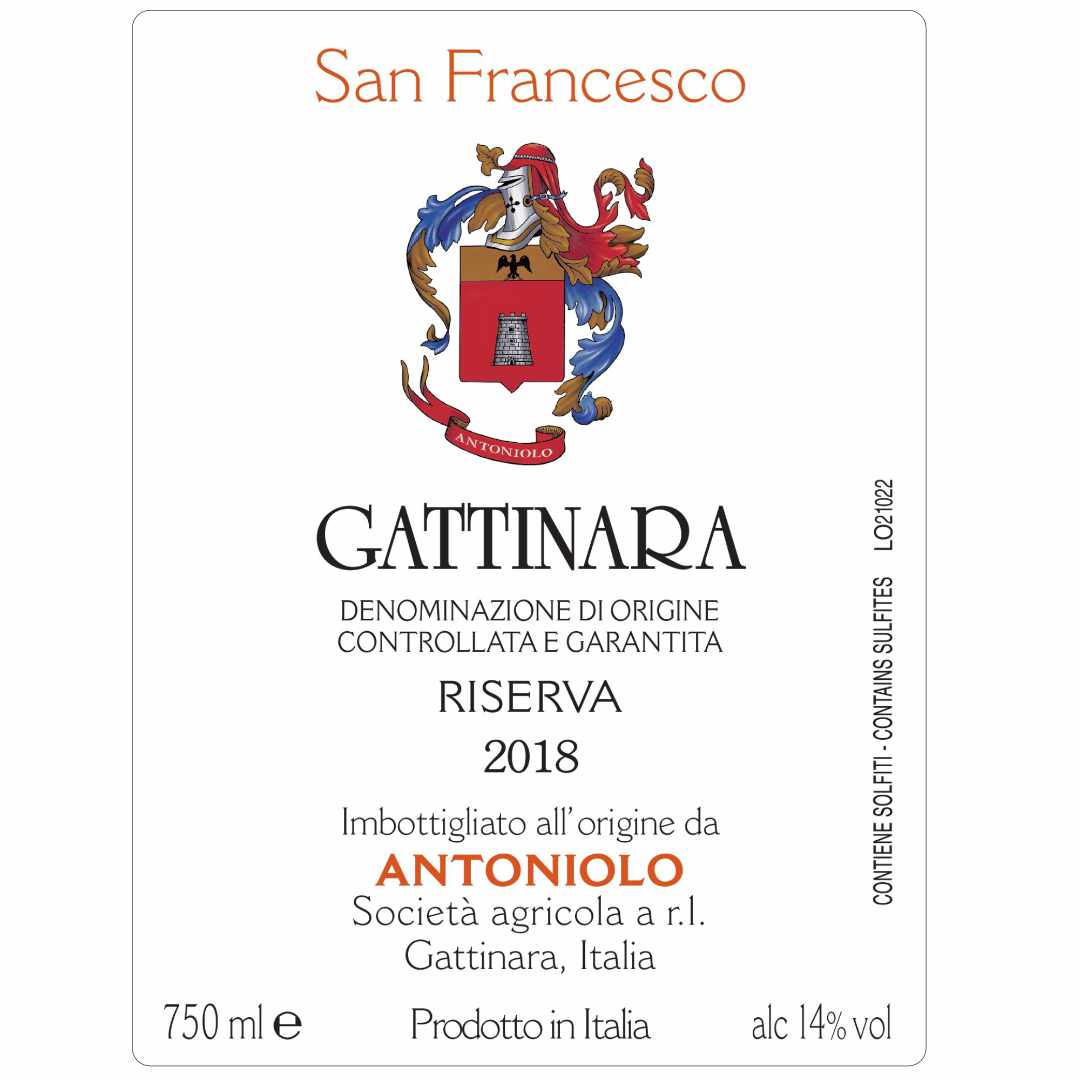 Antoniolo. Gattinara Riserva 'San Francesco' 2018 vintage wine label a single vineyard Nebbiolo from the Alto Piemonte imported by Bat and Bottle