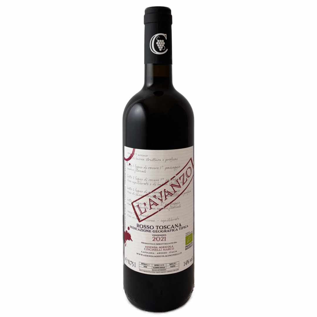 Marco Cincinelli L'Avanzo Rosso Toscana Indicazione Geografica Tipica a medium to full bodied dry red wine from Tuscany in central Italy made from organically grown Sangiovese and Mammolo grapes this is the bottle picture taken by Ben Robson for the 2021 vintage