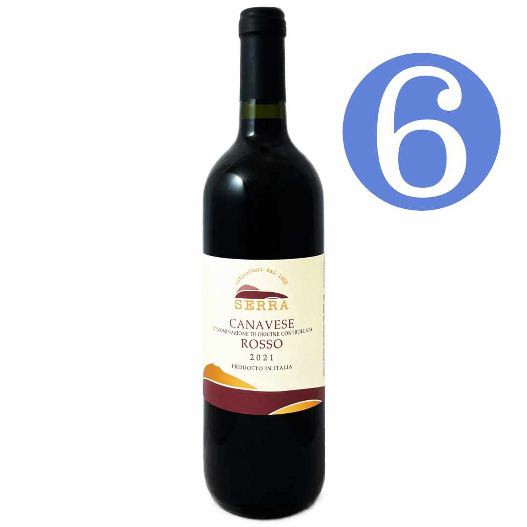 Cantina della Serra Canavese Rosso is a medium bodied dry red wine from north Piemonte made from Barbera, Nebbiolo, Freisa and Neretto grapes imported by Bat and Bottle wine merchants this is the image for the 6 bottle case offer