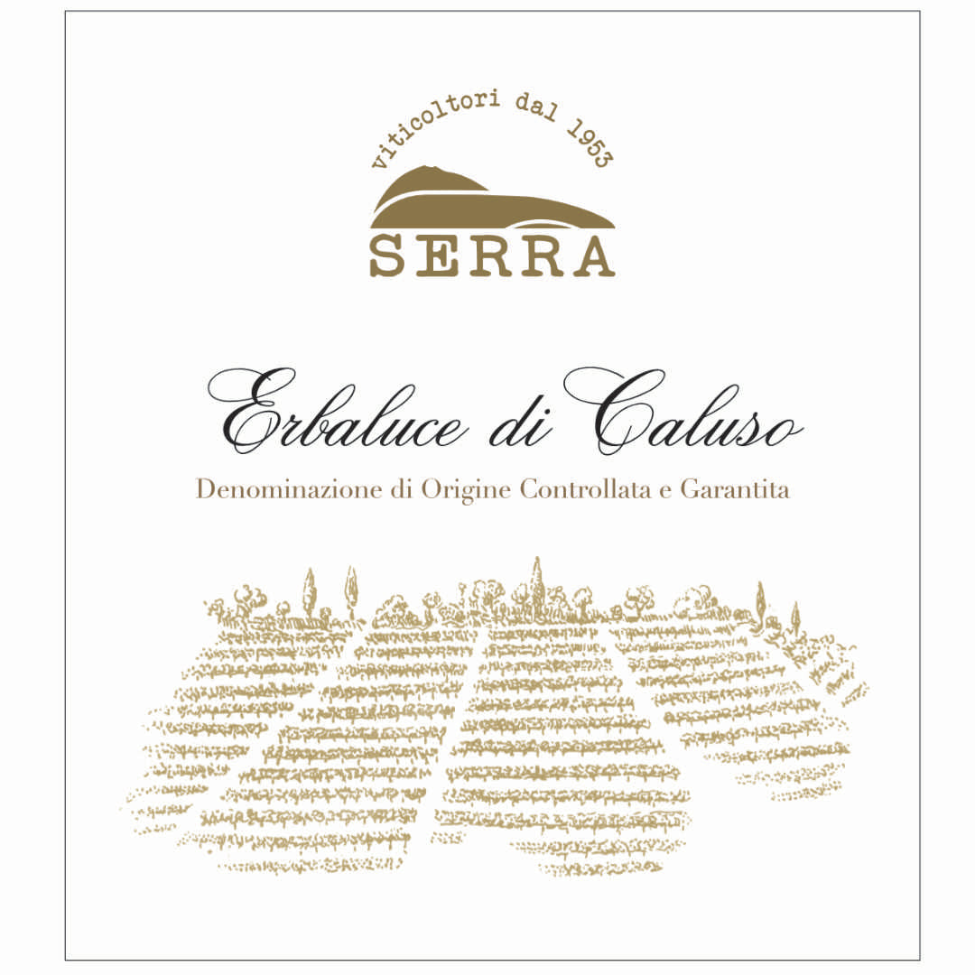 Cantina della Serra Erbaluce di Caluso a dry white Piemontese wine made in the Canavese from the Erbaluce grape dry and intense imported by Bat and Bottle. Image of the wine label