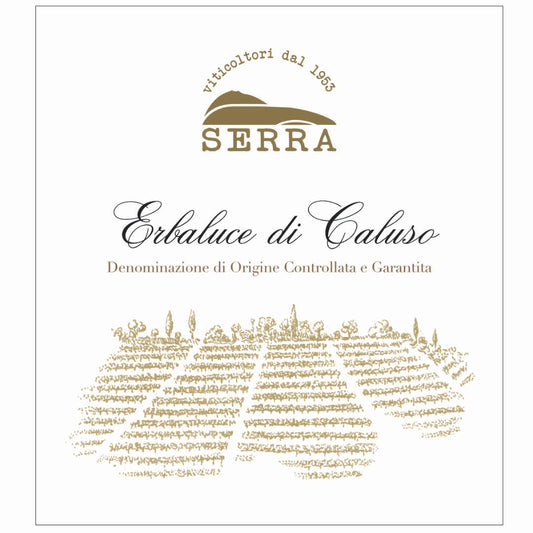 Cantina della Serra Erbaluce di Caluso a dry white Piemontese wine made in the Canavese from the Erbaluce grape dry and intense imported by Bat and Bottle. Image of the wine label