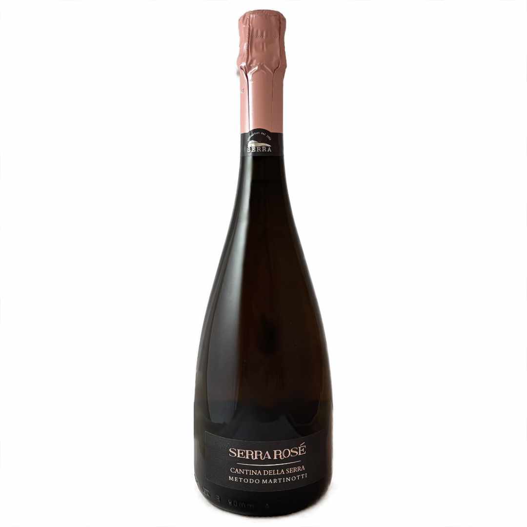 Cantina della Serra Serra Rose Spumante Brut a pure Nebbiolo from the Cavavese area in northwest Italy a dry pale pink sparkling wine that is imported by Bat and Bottle