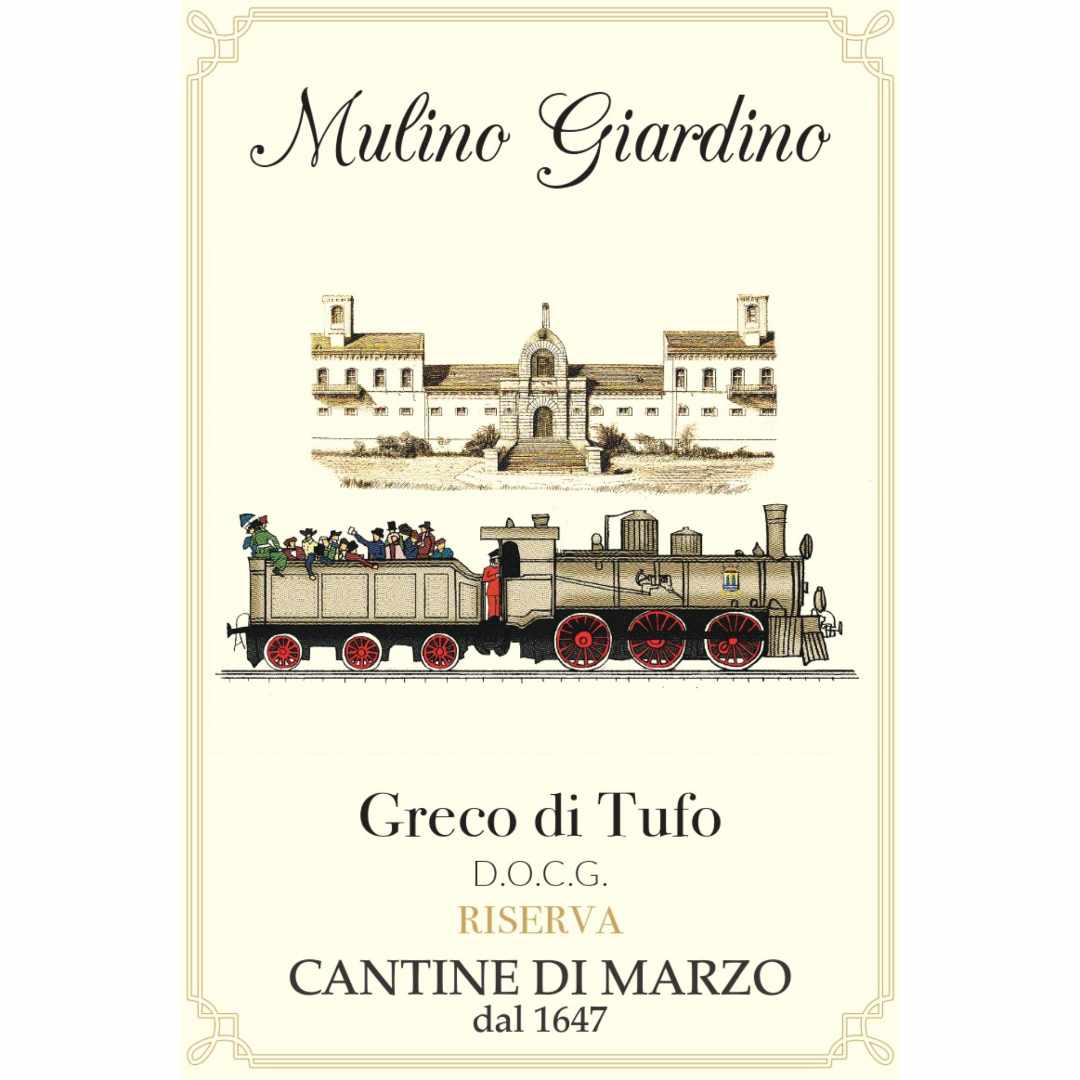 Wine label Cantine di Marzo Greco di Tufo Riserva DOCG 'Mulino Giardino' a single vineyard 'cru' dry white wine from the hills of Campania inland from Naples