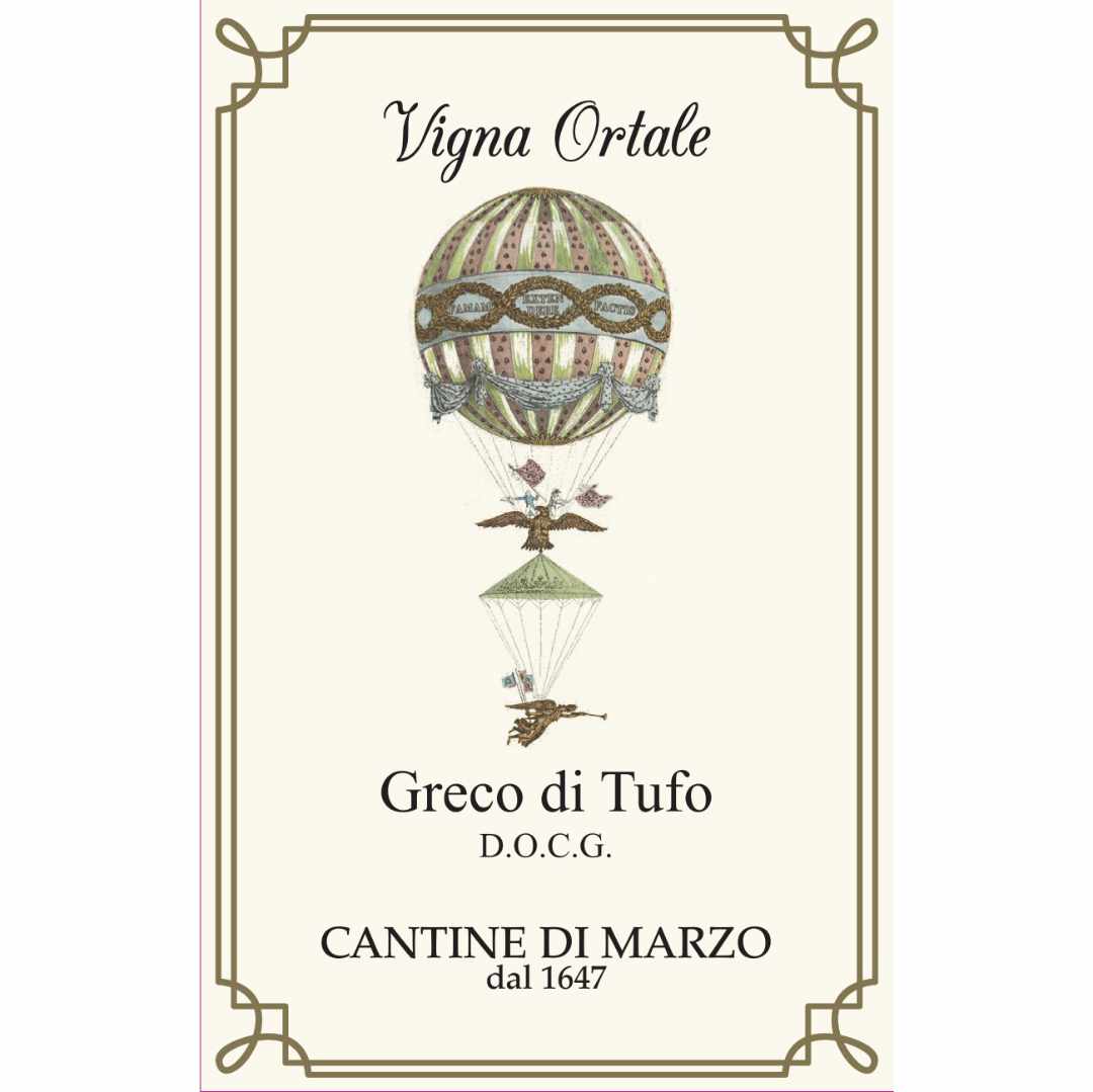 Cantine di Marzo Greco di Tufo Ortale Intense, complex dry white single-vineyard wine from Tufo in Campania, Italy wine label imported by Bat and Bottle wine shop