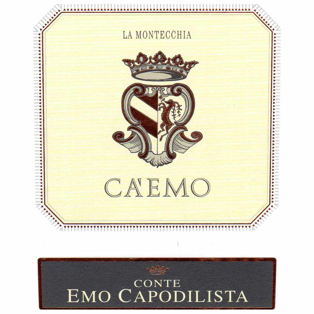 The wine label for Conte Emo Capdilista Ca'Emo a medium bodied red wine from the Colli Euganei in the Veneto region of northeast italy made from a mainly Bordeaux blend of Merlot Cabernet Sauvignon Cabernet Franc and Raboso grape varieties grown on volcanic soils at La Montecchia who make sustainable artisan wines