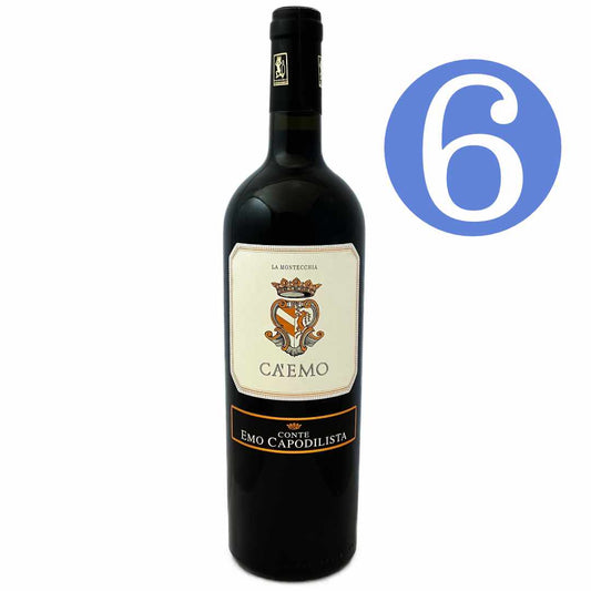 6 bottle offer for Conte Emo Capdilista Ca'Emo a medium bodied red wine from the Colli Euganei in the Veneto region of northeast italy made from a mainly Bordeaux blend of Merlot Cabernet Sauvignon Cabernet Franc and Raboso grape varieties grown on volcanic soils at La Montecchia who make sustainable artisan wines