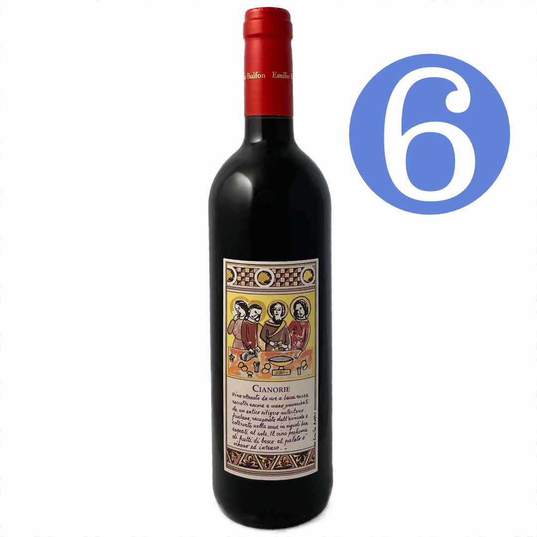 6 bottle offer Emilio Bulfon Cianirie a light bodied red wine rom the Friuli Venezia Giulia region in northwest Italy made from the local Cjanorie vine by Lorenzo Bulfon and imported by Bat and Bottle