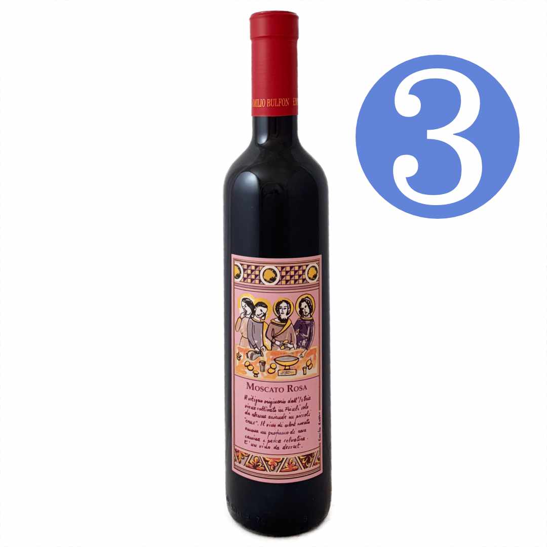 Emilio Bulfon Moscato Rosa an appassimento Sweet Rose Wine from the Friuli in North East Italy, imported by Bat and Bottle 3 bottle case