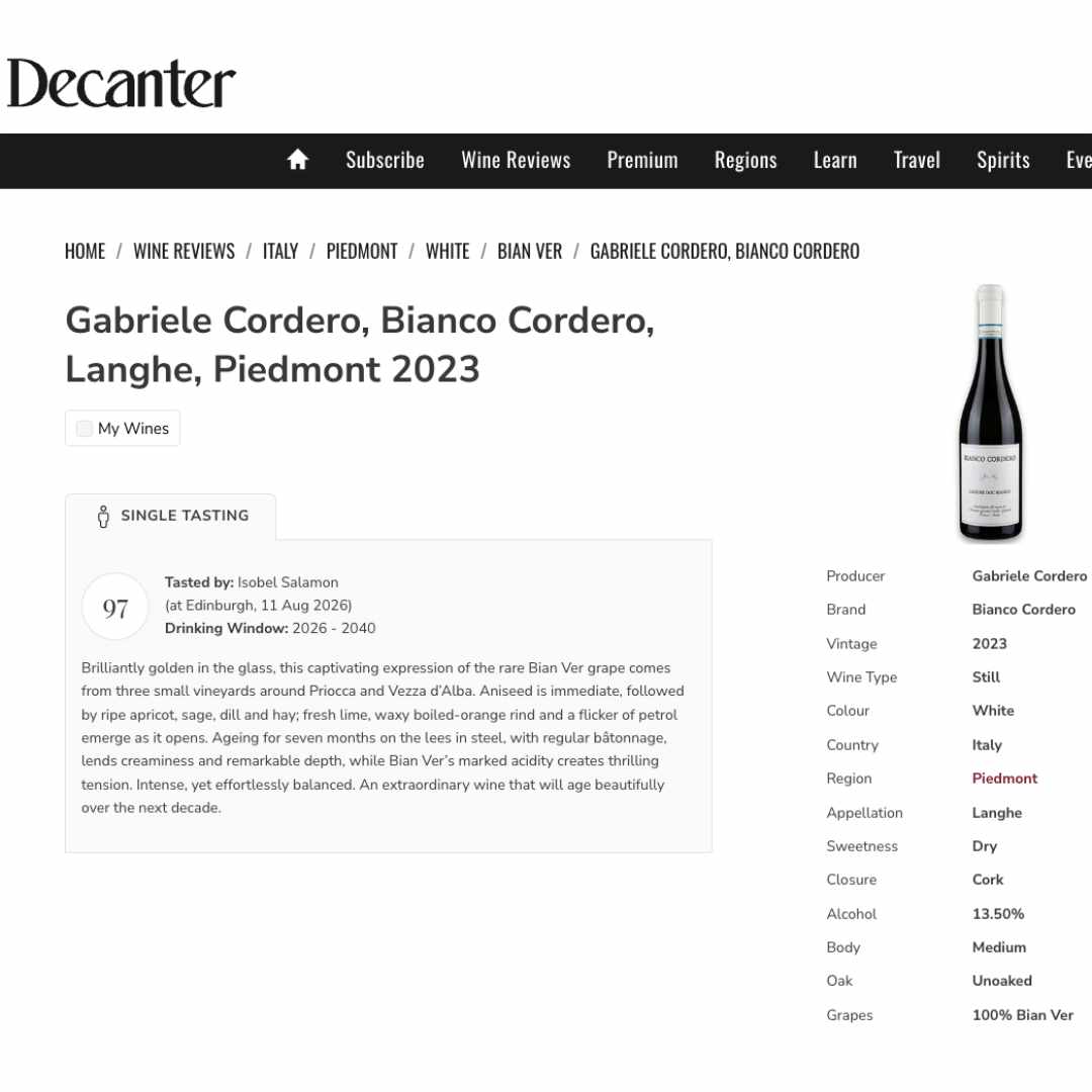 Gabriele Cordero Langhe Bianco 2023 97 points from Decanter magazine