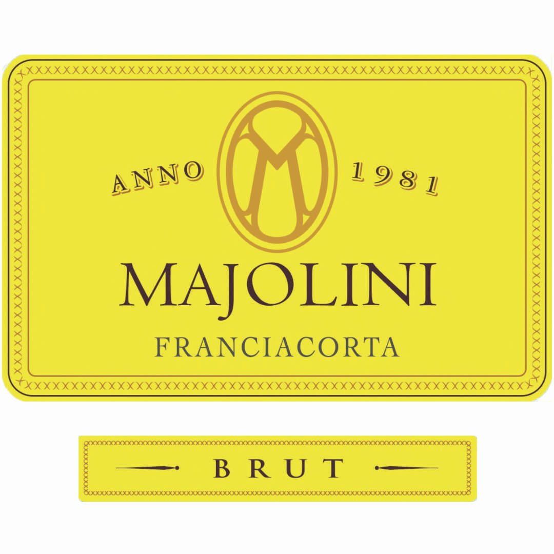 Majolini Franciacorta Brut wine label marketed as a non vintage Bat and Bottle house Champagne made from Chardonnay and Pinot Noir an artisan single estate and single vintage classic method Italian wine