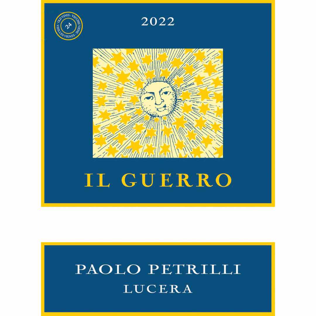 wine bottle label for Paolo Petrilli Il Guerro 2022 pure barrel aged Nero di Troia from Daunia Puglia, full bodied Italian red wine. Imported by Bat and Bottle