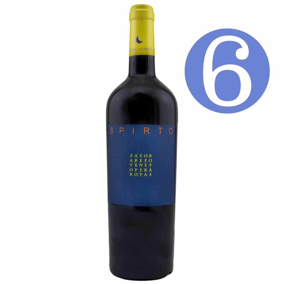 Sant' Agnese Spirto a full bodied Italian red wine from Tuscany made from barrel aged merlot, a super-Tuscan red wine imported by Bat and Bottle the image represents the 6 bottle case offer