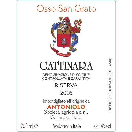 Antoniolo Gattinara Riserva cru 'Osso San Grato' Full bodied dry red wine made from Nebbiolo in the Alto Piemonte Italy