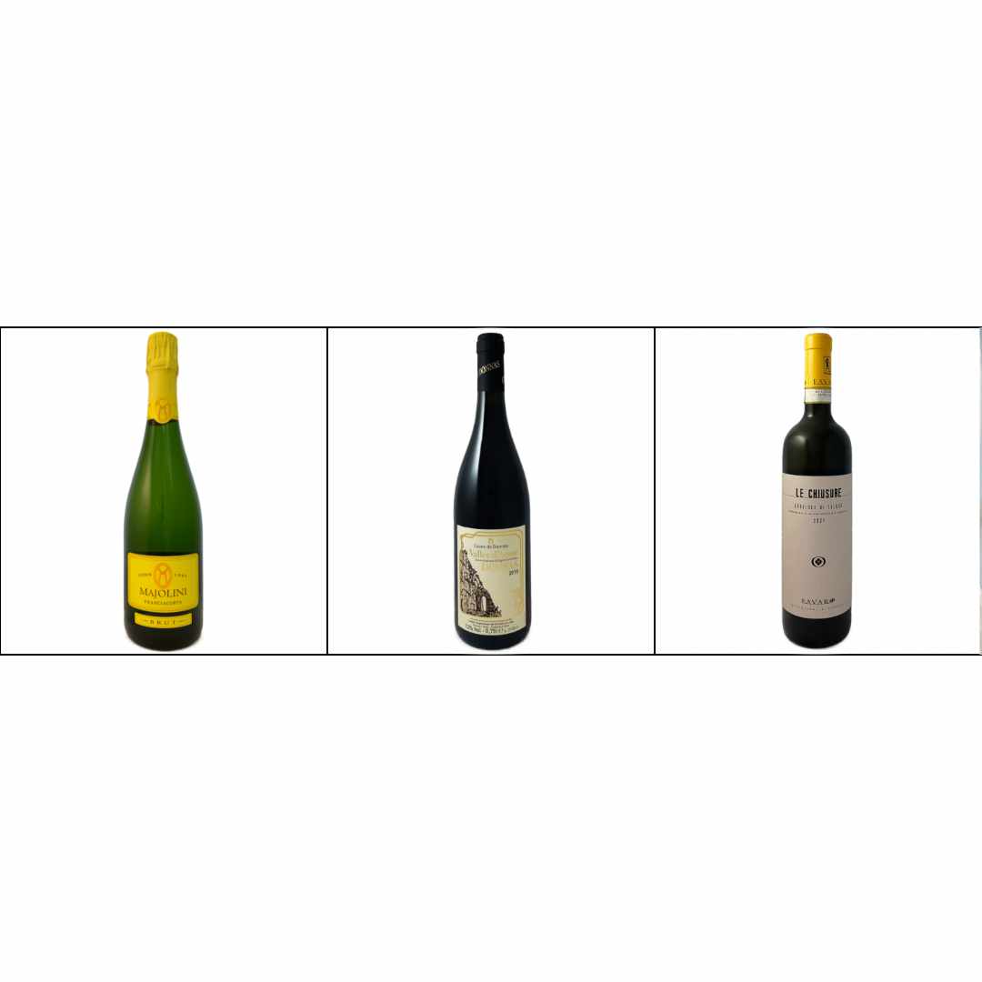 Bat and Bottle Christmas selection 3 bottle mixed case, the BEMMA selection which has 3 different wines - Caves de Donnas 2019 - Camillo Favaro Erbaluce 2021 and Majolini Franciacorta Brut