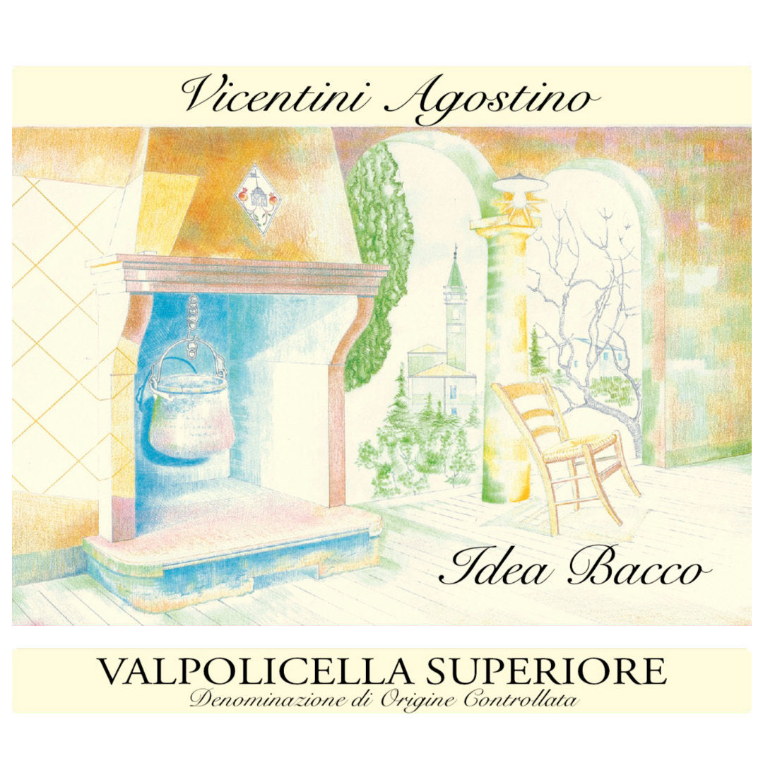 Vicentini Agostino Idea Bacco Valpolicella Superiore medium bodied red wine made from Corvina Corvinone and Molinara in the Veneto this is a picture of the label, the wine is imported by Bat and Bottle