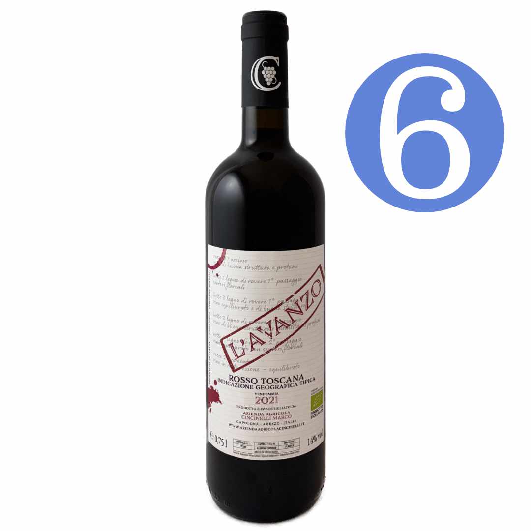 Marco Cincinelli L'Avanzo 6 bottle case Rosso Toscana Indicazione Geografica Tipica a medium to full bodied dry red wine from Tuscany in central Italy made from organically grown Sangiovese and Mammolo grapes this is the bottle picture taken by Ben Robson for the 2021 vintage