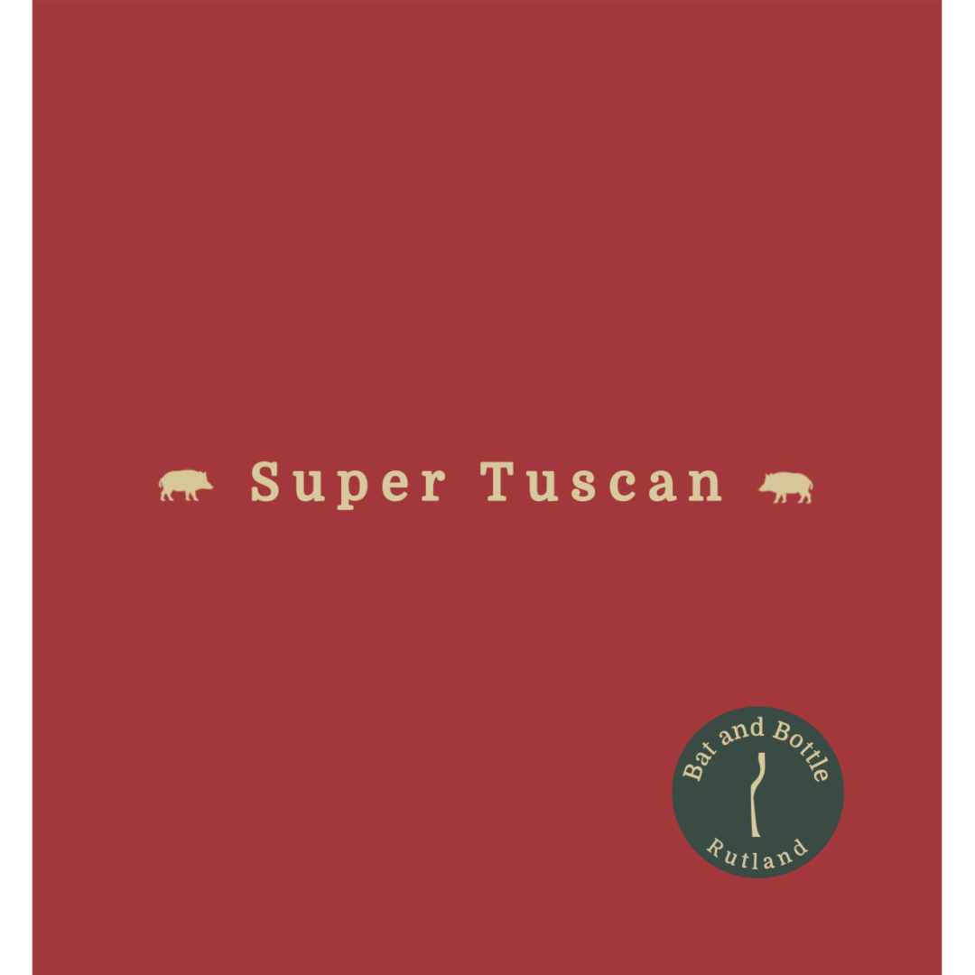this is the wine label for the Bat and Bottle own label Super Tuscan made by Cincinelli from Sangiovese Merlot and Syrah grown organically near Arezzo and Anghiari