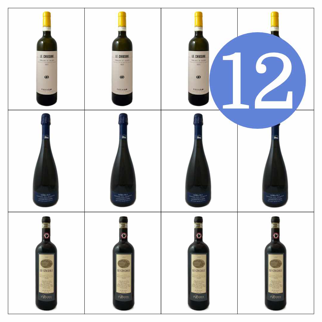 Bat and Bottle Christmas selection 12 bottle mixed case, the BEMMA selection which has 3 different wines - Cinciole Chianti Classico 19,  Favaro Erbaluce di Ca;uso 22, Cantine della Serra 'Serra Blu '. The perfect gift