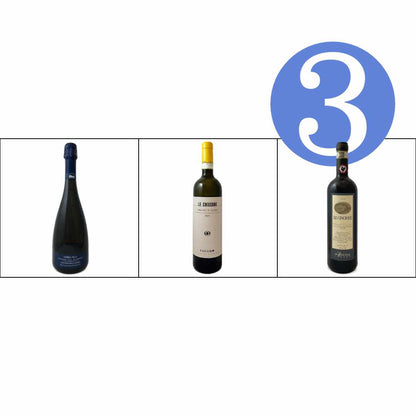 Bat and Bottle Christmas selection 3 bottle mixed case, the BEMMA selection which has 3 different wines - Cinciole Chianti Classico 19,  Favaro Erbaluce di Ca;uso 22, Cantine della Serra 'Serra Blu '. The perfect gift