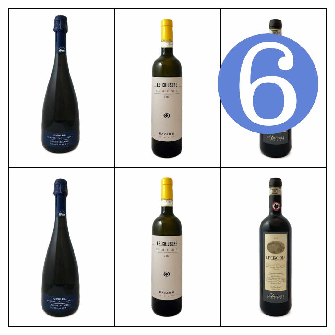 Bat and Bottle Christmas selection 6 bottle mixed case, the BEMMA selection which has 3 different wines - Cinciole Chianti Classico 19,  Favaro Erbaluce di Ca;uso 22, Cantine della Serra 'Serra Blu '. The perfect gift
