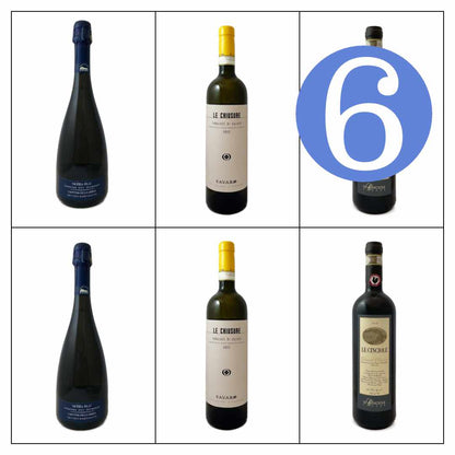 Bat and Bottle Christmas selection 6 bottle mixed case, the BEMMA selection which has 3 different wines - Cinciole Chianti Classico 19,  Favaro Erbaluce di Ca;uso 22, Cantine della Serra 'Serra Blu '. The perfect gift