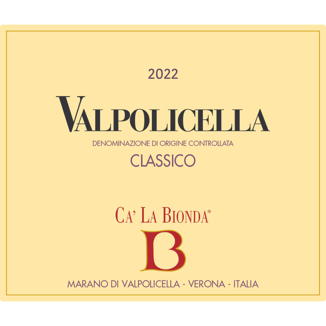 Ca la Bionda Valpolicella Classico 2022 a light to medium bodied dry red wine made from organically grown Corvina Corvinone Rondinella and Molinara vines