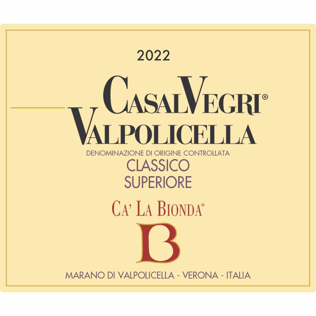 Ca la Bionda. Valpolicella Classico Superiore 'Casal Vegri' a single vineyard conventional wine, medium bodied, elegant and fine the wine label from the 2022 vintage