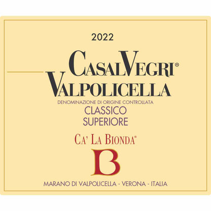 Ca la Bionda. Valpolicella Classico Superiore 'Casal Vegri' a single vineyard conventional wine, medium bodied, elegant and fine the wine label from the 2022 vintage