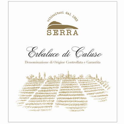 Cantina della Serra Erbaluce di Caluso a dry white Piemontese wine made in the Canavese from the Erbaluce grape dry and intense imported by Bat and Bottle. Image of the wine label