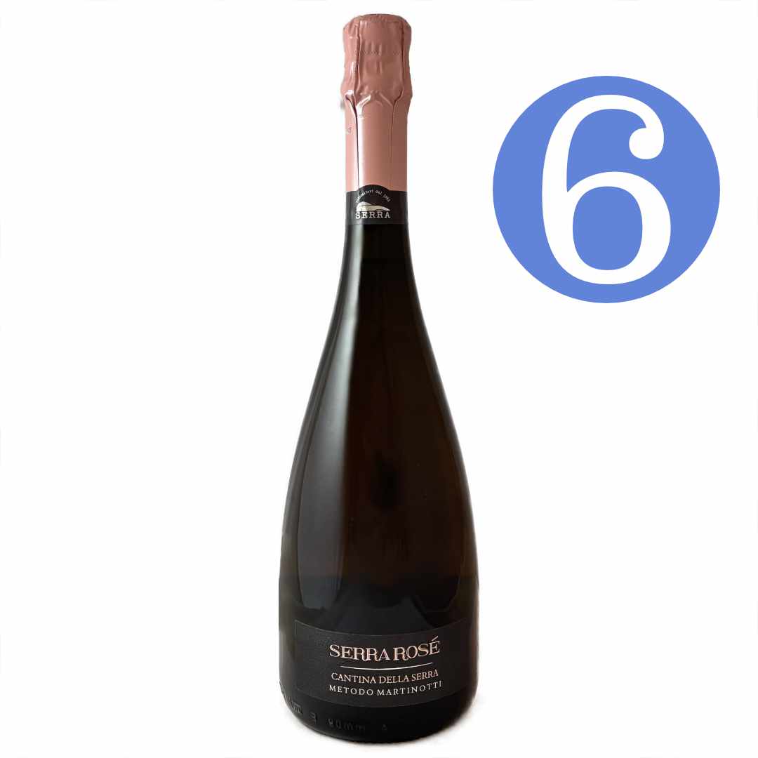 Cantina della Serra Serra Rose Spumante Brut 6 bottle case a pure Nebbiolo from the Cavavese area in northwest Italy a dry pale pink sparkling wine that is imported by Bat and Bottle