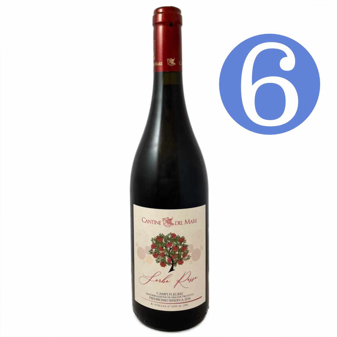 Cantine del Mare. Piedirosso Riserva Campi Flegrei 'Sorbo Rosso' a medium bodied dry red wine from the coast to the west of Naples grown on volcanic rock 6 bottle case offer