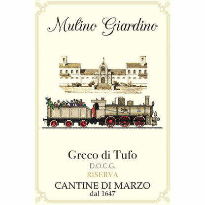 Wine label Cantine di Marzo Greco di Tufo Riserva DOCG 'Mulino Giardino' a single vineyard 'cru' dry white wine from the hills of Campania inland from Naples