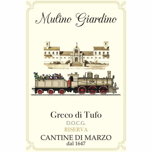 Wine label Cantine di Marzo Greco di Tufo Riserva DOCG 'Mulino Giardino' a single vineyard 'cru' dry white wine from the hills of Campania inland from Naples
