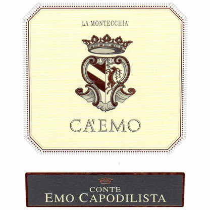 The wine label for Conte Emo Capdilista Ca'Emo a medium bodied red wine from the Colli Euganei in the Veneto region of northeast italy made from a mainly Bordeaux blend of Merlot Cabernet Sauvignon Cabernet Franc and Raboso grape varieties grown on volcanic soils at La Montecchia who make sustainable artisan wines