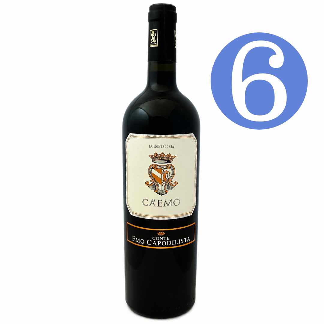 6 bottle offer for Conte Emo Capdilista Ca'Emo a medium bodied red wine from the Colli Euganei in the Veneto region of northeast italy made from a mainly Bordeaux blend of Merlot Cabernet Sauvignon Cabernet Franc and Raboso grape varieties grown on volcanic soils at La Montecchia who make sustainable artisan wines