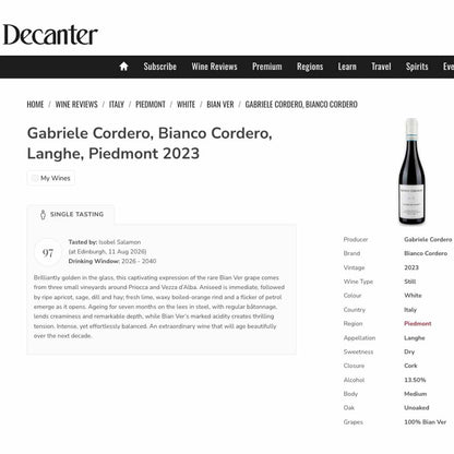 Gabriele Cordero Langhe Bianco 2023 97 points from Decanter magazine