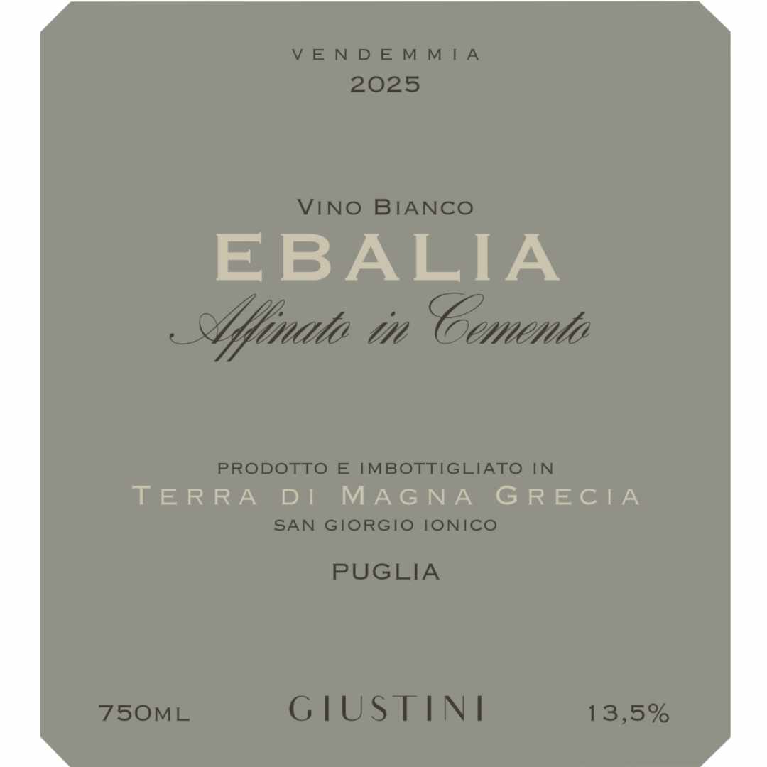 Giustini Chardonnay 'Ebalia' aged in cement tanks from the vineyard of Terra di Magna Grecia in Puglia an elegant medium bodied white wine from southern Italy