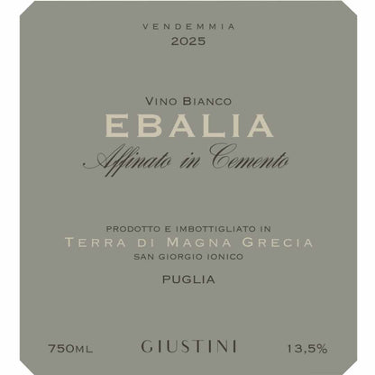 Giustini Chardonnay 'Ebalia' aged in cement tanks from the vineyard of Terra di Magna Grecia in Puglia an elegant medium bodied white wine from southern Italy