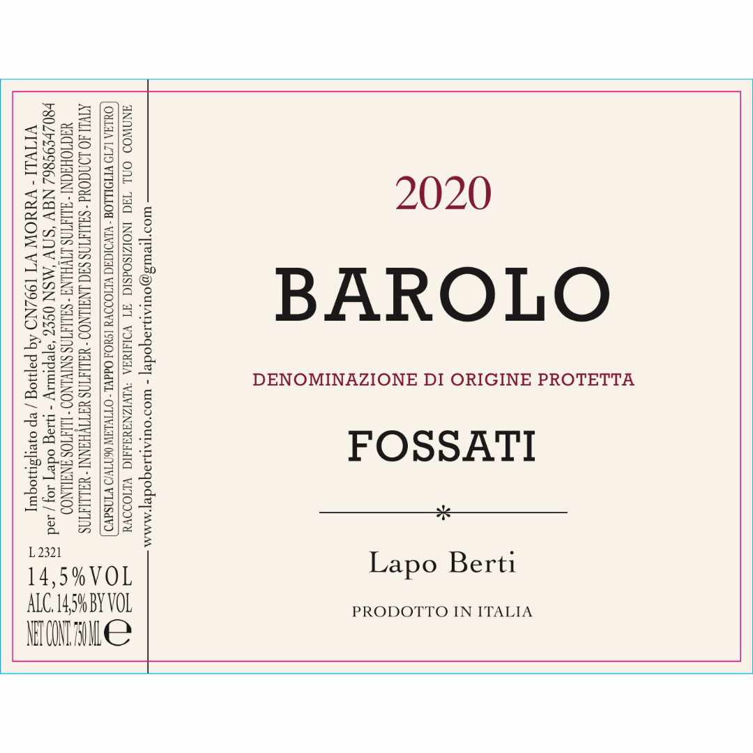 Lapo Berti Barolo Fossati 2020 a full bodied Italian red wine made from the Nebbiolo grape in the MGA of Fossati which is between La Morra and Barolo in the Langhe in Piemonte this is well within the natural winemaking guidlines. The image is of the label, the wine was imported by Bat and Bottle