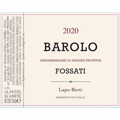 Lapo Berti Barolo Fossati 2020 a full bodied Italian red wine made from the Nebbiolo grape in the MGA of Fossati which is between La Morra and Barolo in the Langhe in Piemonte this is well within the natural winemaking guidlines. The image is of the label, the wine was imported by Bat and Bottle