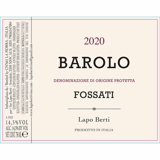 Lapo Berti Barolo Fossati 2020 a full bodied Italian red wine made from the Nebbiolo grape in the MGA of Fossati which is between La Morra and Barolo in the Langhe in Piemonte this is well within the natural winemaking guidlines. The image is of the label, the wine was imported by Bat and Bottle