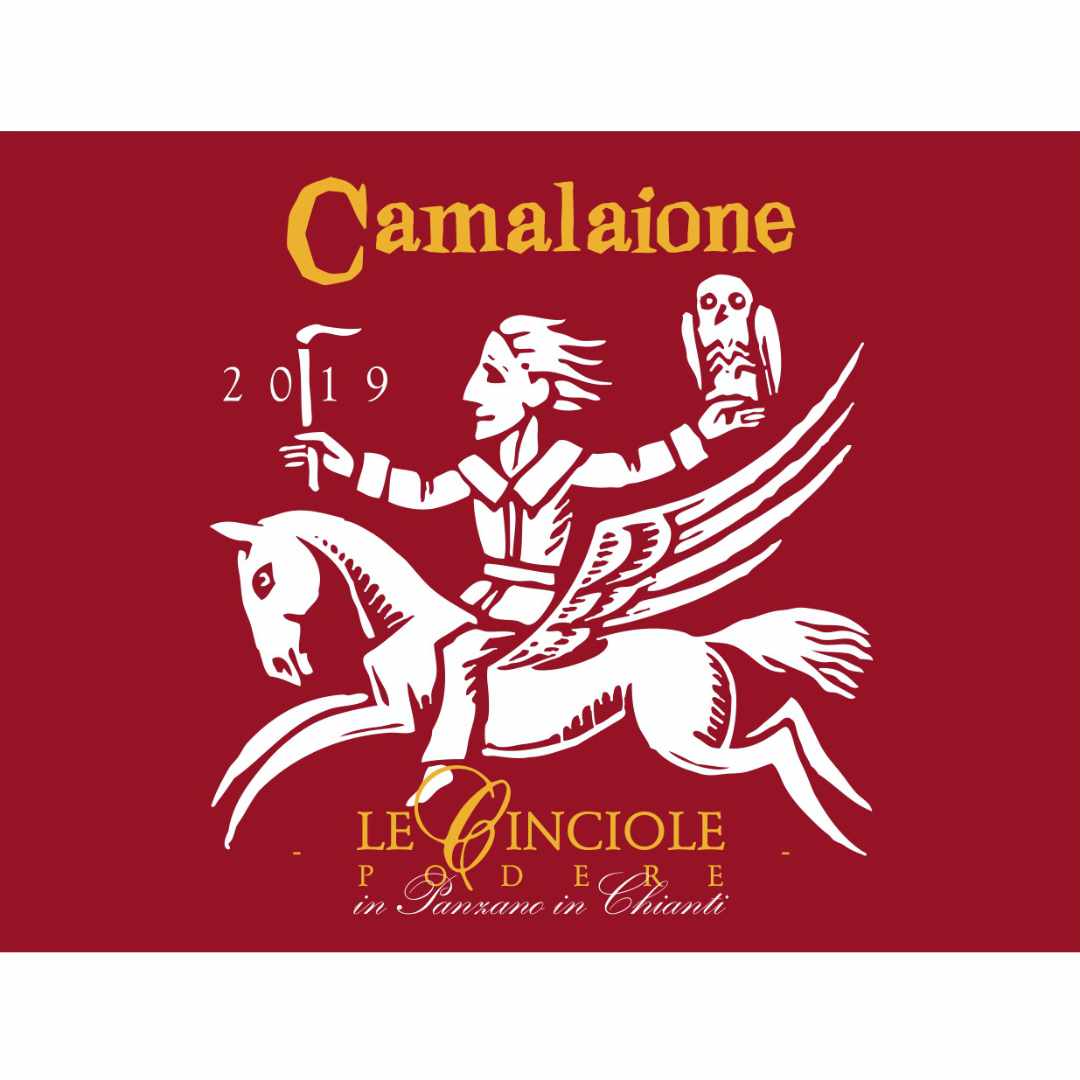 Le Cinciole Camalaione 2019 wine label high altitude super-Tuscan full bodied red wine from Cabernet Sauvignon Merlot and Syrah certified organic farming along biodynamic principals imported by Bat and Bottle
