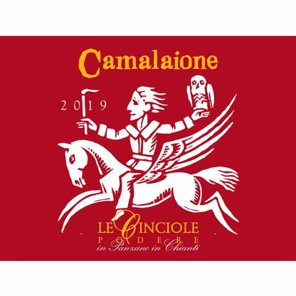 Le Cinciole Camalaione 2019 wine label high altitude super-Tuscan full bodied red wine from Cabernet Sauvignon Merlot and Syrah certified organic farming along biodynamic principals imported by Bat and Bottle