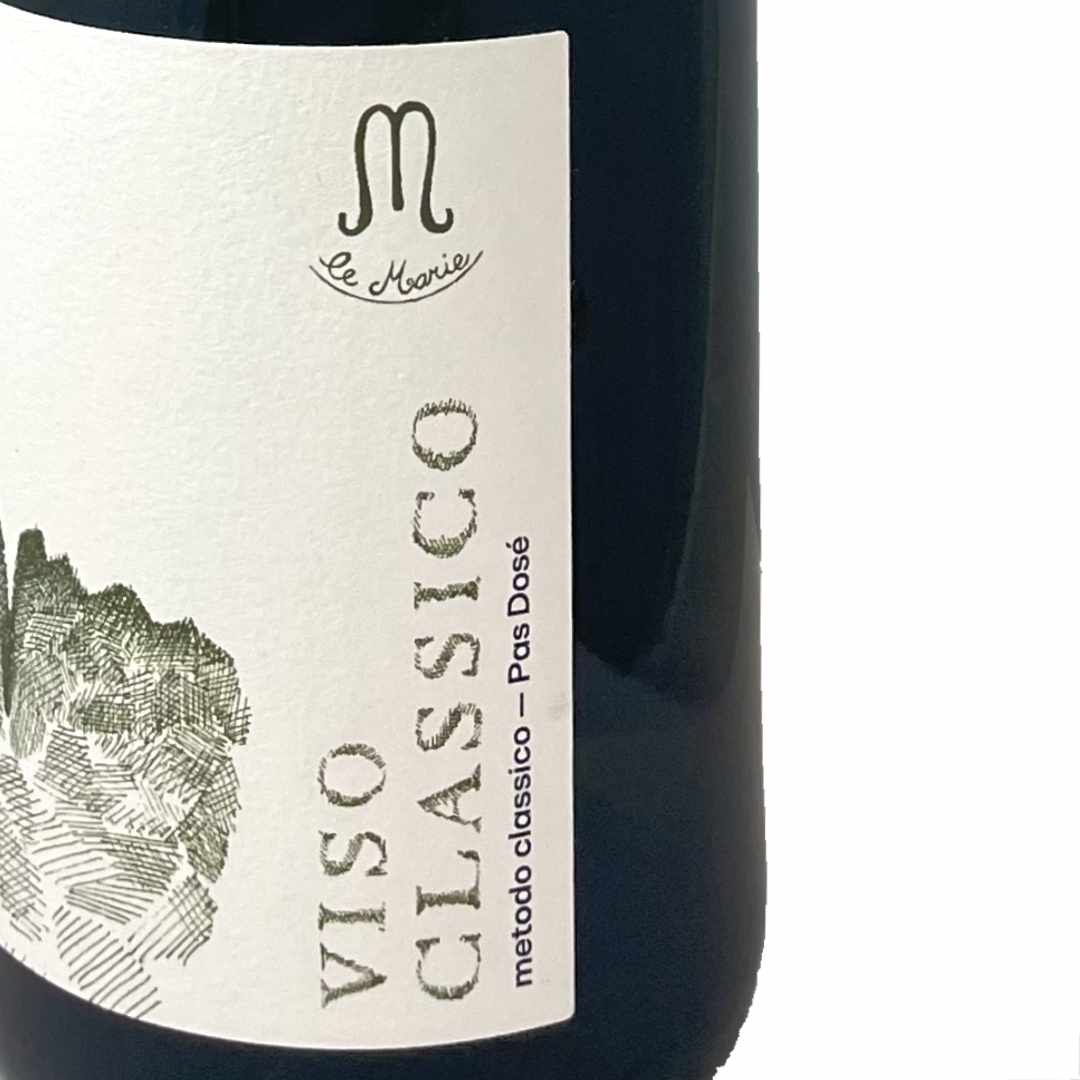 Le Marie Viso Classico Pas Dose 2018 made from Chardonnay and Pinot Noir grown outside of the Alta Langhe DOC under Mont Viso artisan high altitude Piemonte Piedmont classic method