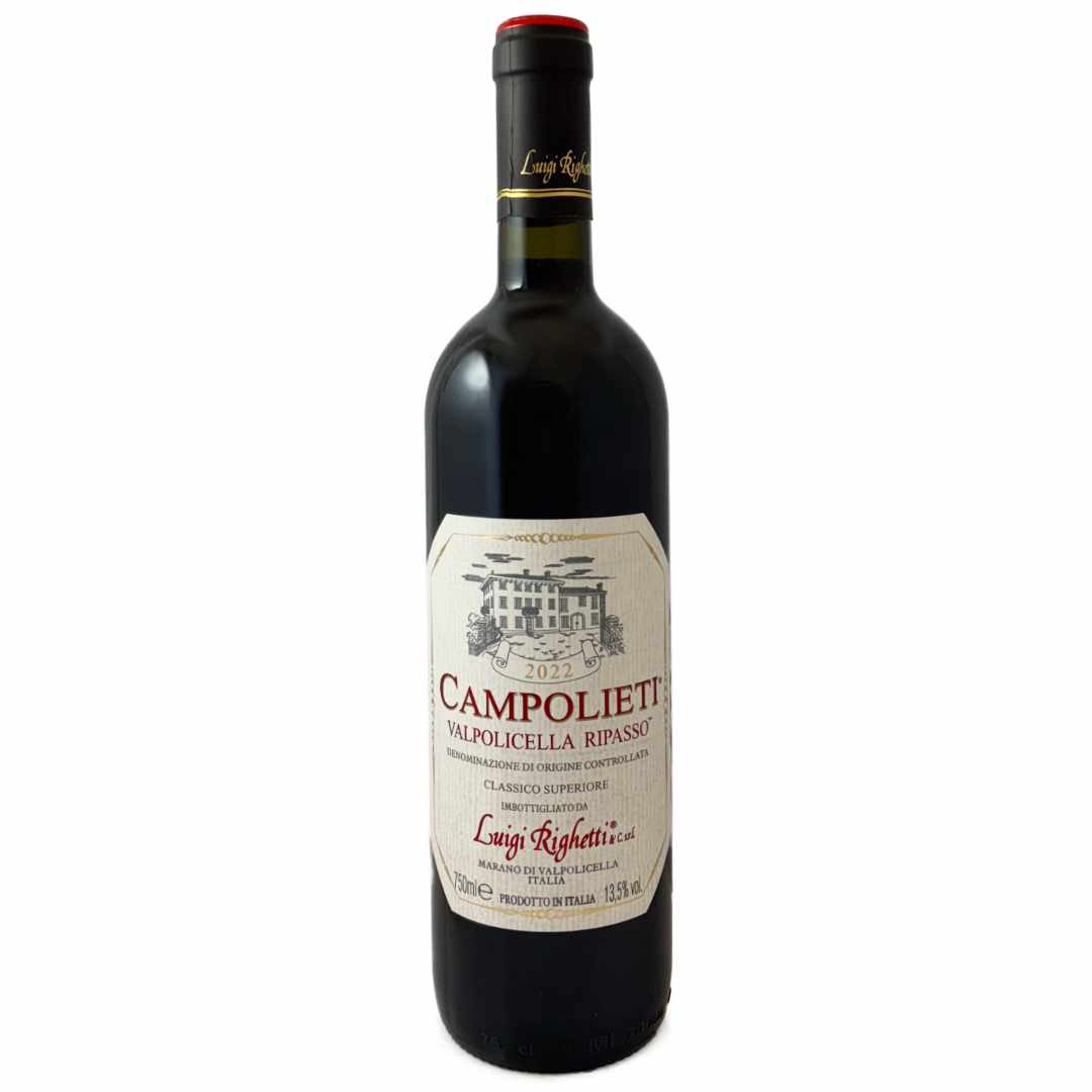 Luigi Righetti Campolieti 2019 Valpolicella Classico Superiore Ripasso a full bodied Italian red wine from the Veneto region near Verona made using the traditional Ripasso system using Corvina Corvinone Rondinella and Molinara from the apassimento process