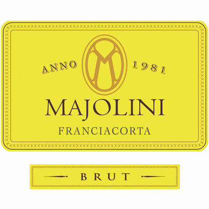 Majolini Franciacorta Brut wine label marketed as a non vintage Bat and Bottle house Champagne made from Chardonnay and Pinot Noir an artisan single estate and single vintage classic method Italian wine