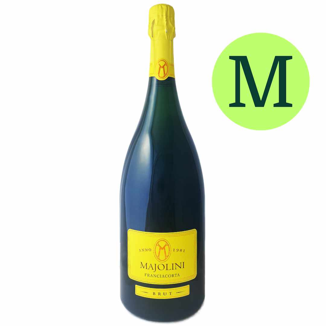 Majolini Franciacorta Brut Magnum 150cl 1.5 litres a non vintage classic Method dry sparkling wine imported by Bat and Bottle, our house Champagne made from Chardonnay and Pinot Noir an artisan single estate and single vintage classic method Italian wine