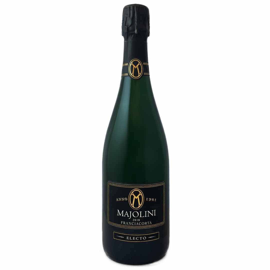 Majolini Franciacorta Electo 2018 Millesimato or vintage classic method full dry sparkling wine this bottle fermented technique used to be known as the Champagne method made from Chardonnay and Pinot Noir on terraced vineyards near Lago d'Iseo in Lombardia imported by Bat and Bottle