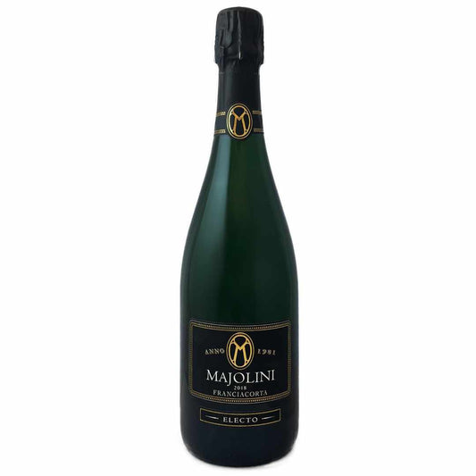 Majolini Franciacorta Electo 2018 Millesimato or vintage classic method full dry sparkling wine this bottle fermented technique used to be known as the Champagne method made from Chardonnay and Pinot Noir on terraced vineyards near Lago d'Iseo in Lombardia imported by Bat and Bottle