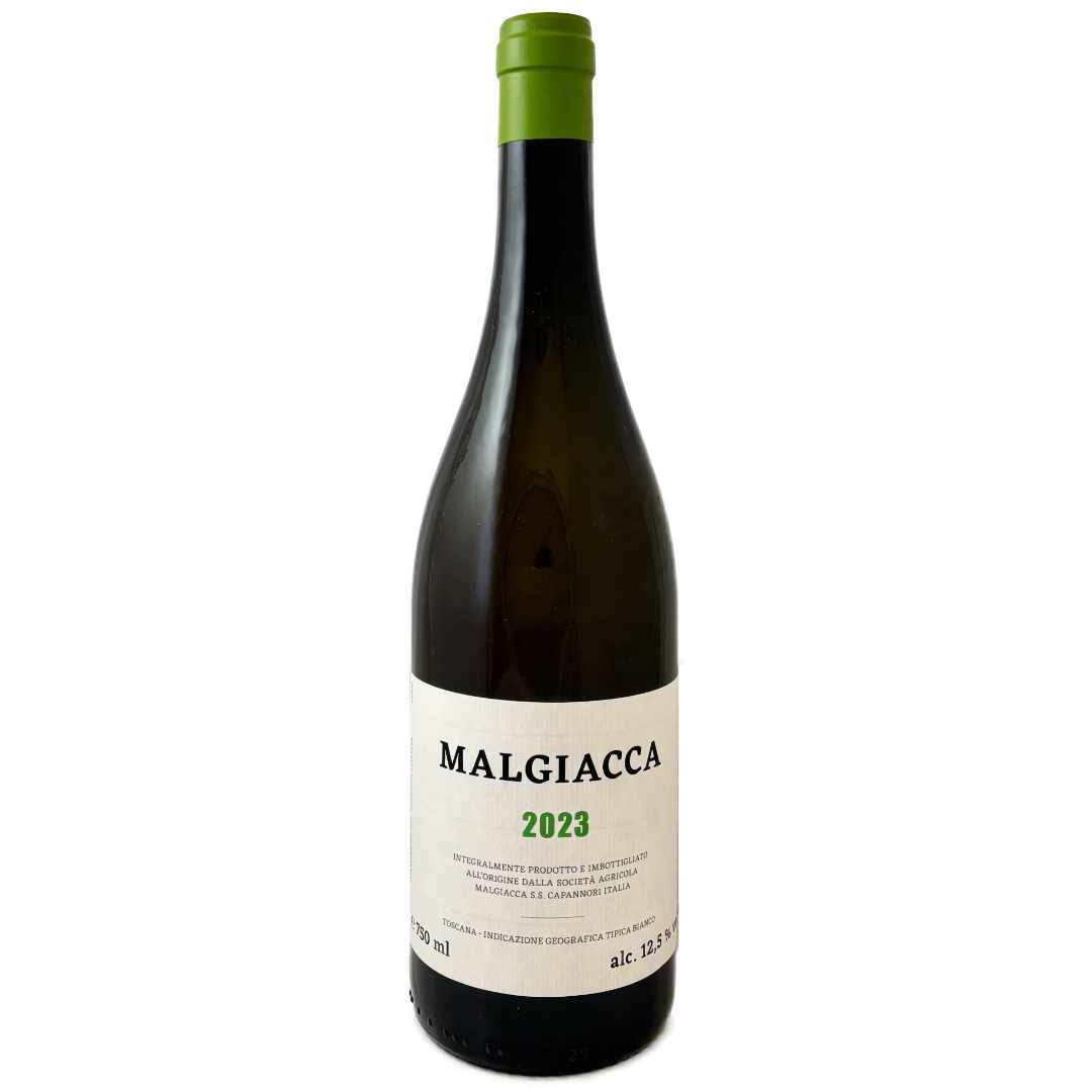 Malgiacca Bianco 2023 a medium bodied dry white wine from Tuscany made from biodynamically and organically grown Trebbiano (50%), Vermentino (15%), Malvasia (15%), Grechetto and Moscato grapes